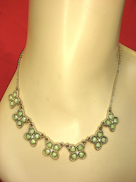 Vintage Gold-Tone 4 Leaf Clover Necklace with Green Gemstones & Simulated Diamonds