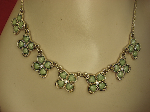Vintage Gold-Tone 4 Leaf Clover Necklace with Green Gemstones & Simulated Diamonds