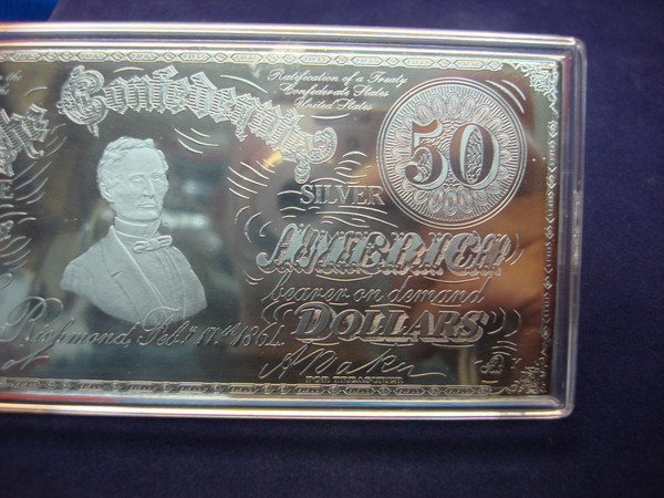 8 Troy Ounce .999 Fine Silver Confederate $50 Proof Bar - Original Box & Capsule