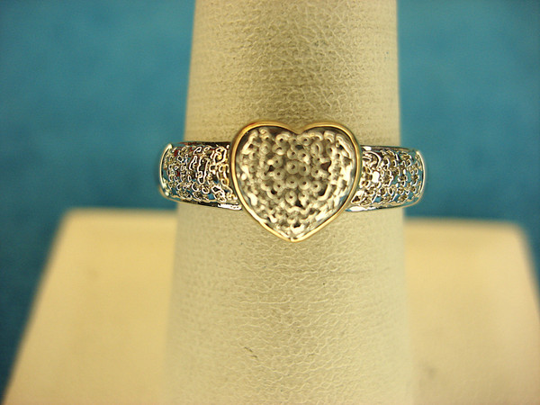 Vintage Sterling Silver Ring with Gold Vermeil Heart & Diamond Accent (Size 8)
