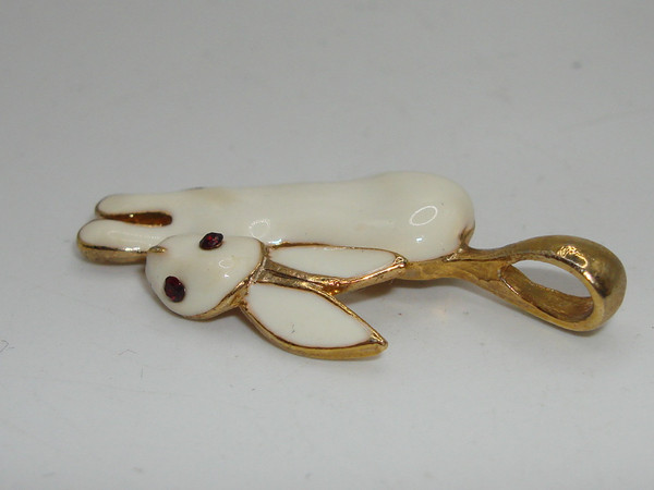 Vintage 1998 White Enamel Rabbit Charm Pendant - Rhinestone Eyes, Mint Condition
