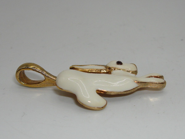 Vintage 1998 White Enamel Rabbit Charm Pendant - Rhinestone Eyes, Mint Condition