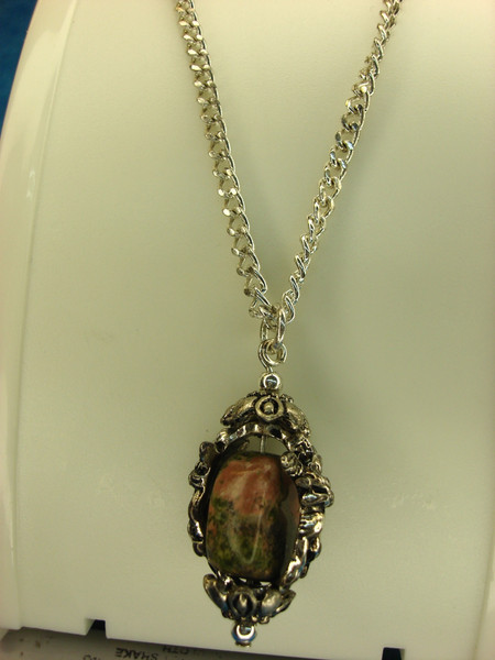 Elegant Silver Tone Chain & Pendant with Genuine Unakite Stone | Cherub Design