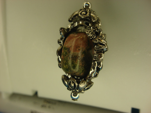 Elegant Silver Tone Chain & Pendant with Genuine Unakite Stone | Cherub Design