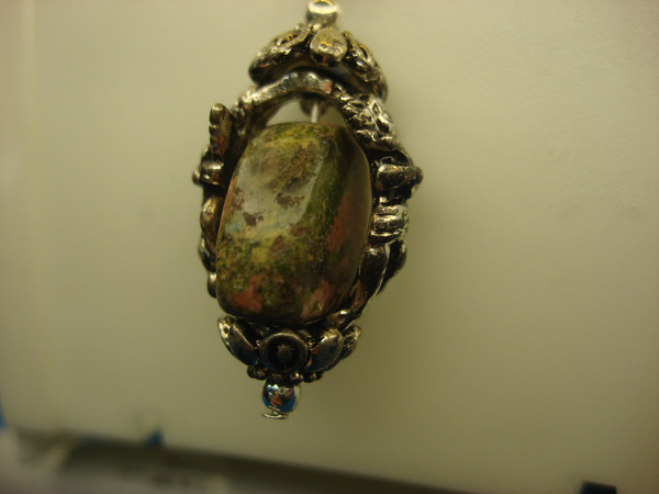 Elegant Silver Tone Chain & Pendant with Genuine Unakite Stone | Cherub Design