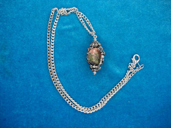 Elegant Silver Tone Chain & Pendant with Genuine Unakite Stone | Cherub Design