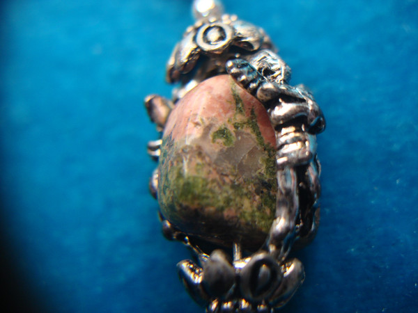 Elegant Silver Tone Chain & Pendant with Genuine Unakite Stone | Cherub Design