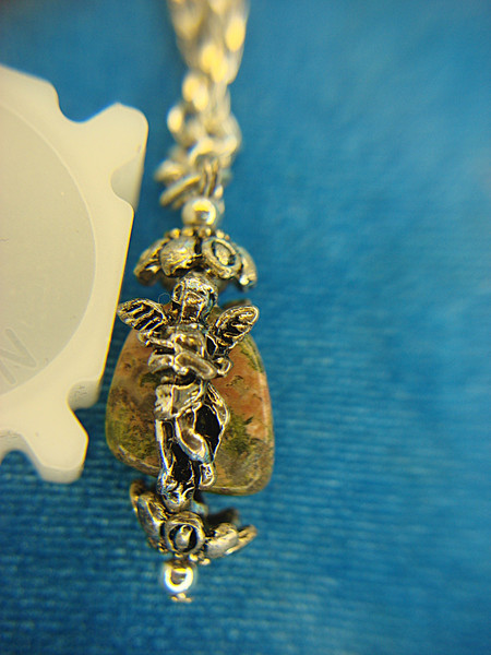 Elegant Silver Tone Chain & Pendant with Genuine Unakite Stone | Cherub Design