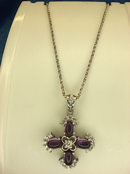 Sterling Silver Cross Necklace with Cubic Zirconia & Amethyst - 24