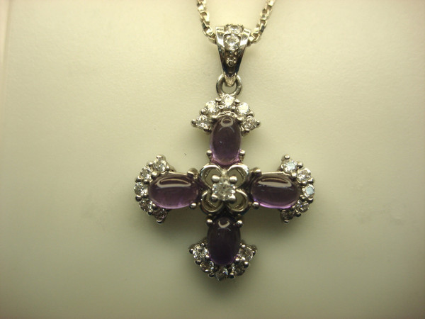 Sterling Silver Cross Necklace with Cubic Zirconia & Amethyst - 24