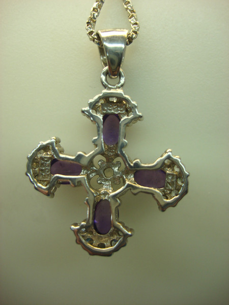 Sterling Silver Cross Necklace with Cubic Zirconia & Amethyst - 24