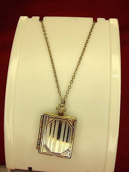 Vintage Gold Tone Book Locket Necklace - Holds 2 Photos