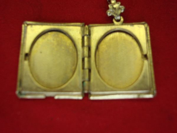 Vintage Gold Tone Book Locket Necklace - Holds 2 Photos