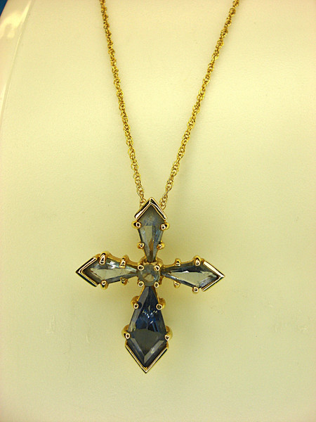 Gold Vermeil Cross Necklace with Blue Stones | Sterling Silver Chain | 18 Inch