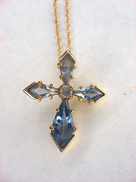 Gold Vermeil Cross Necklace with Blue Stones | Sterling Silver Chain | 18 Inch