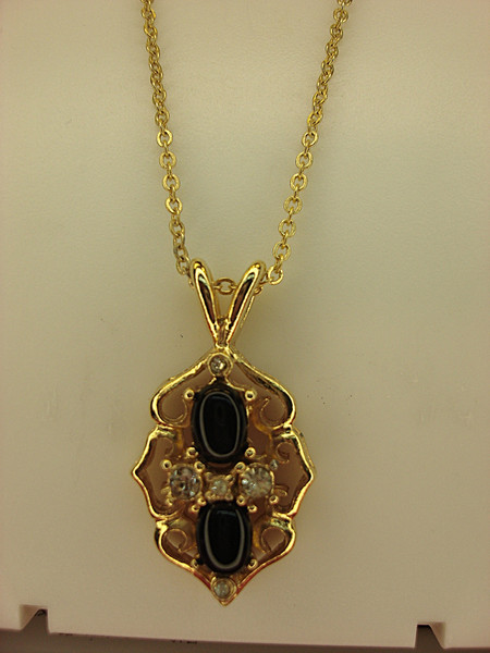 Gold Tone Necklace with Faux Onyx & Diamond Pendant - 18 Inch Chain
