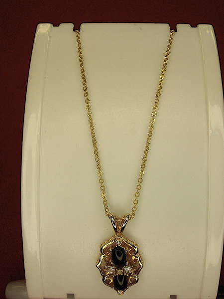 Gold Tone Necklace with Faux Onyx & Diamond Pendant - 18 Inch Chain