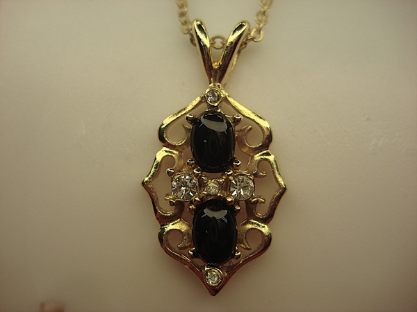 Gold Tone Necklace with Faux Onyx & Diamond Pendant - 18 Inch Chain