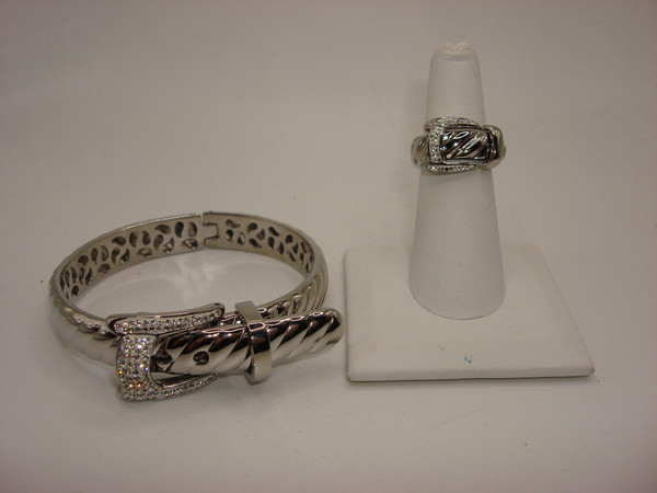 Elegant Stainless Steel & CZ Hinged Bangle Bracelet & Ring Set (Size 6)