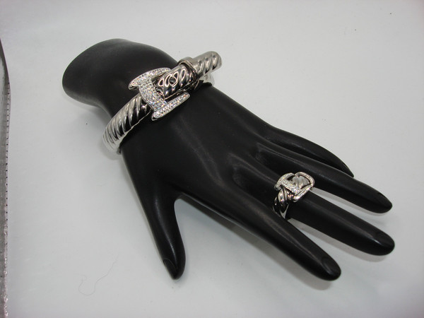 Elegant Stainless Steel & CZ Hinged Bangle Bracelet & Ring Set (Size 6)