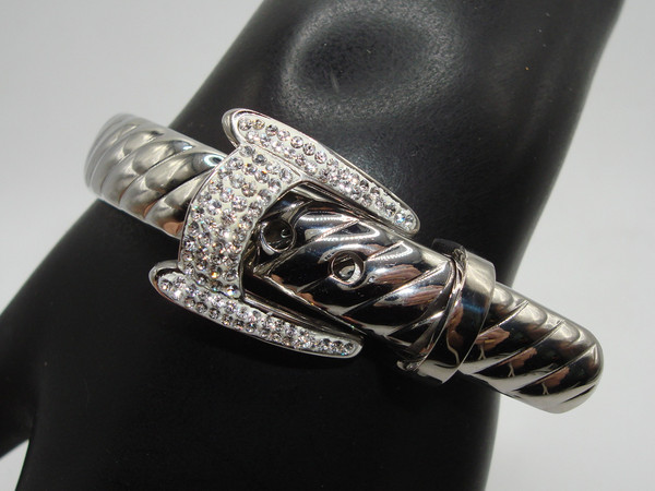 Elegant Stainless Steel & CZ Hinged Bangle Bracelet & Ring Set (Size 6)