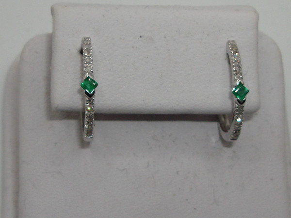 10K White Gold Emerald & Diamond Hoop Earrings | Luxury Gift