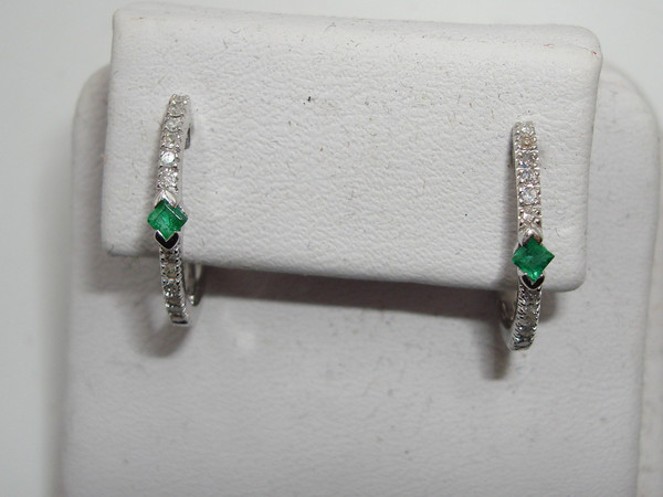 10K White Gold Emerald & Diamond Hoop Earrings | Luxury Gift