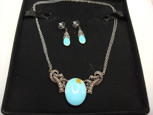 Vintage Sterling Silver Turquoise & Marcasite Necklace & Earrings Set (925)