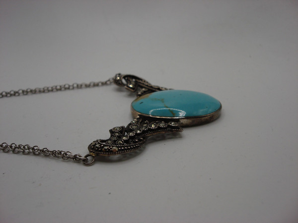 Vintage Sterling Silver Turquoise & Marcasite Necklace & Earrings Set (925)