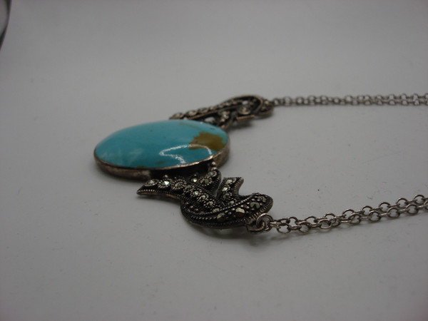 Vintage Sterling Silver Turquoise & Marcasite Necklace & Earrings Set (925)