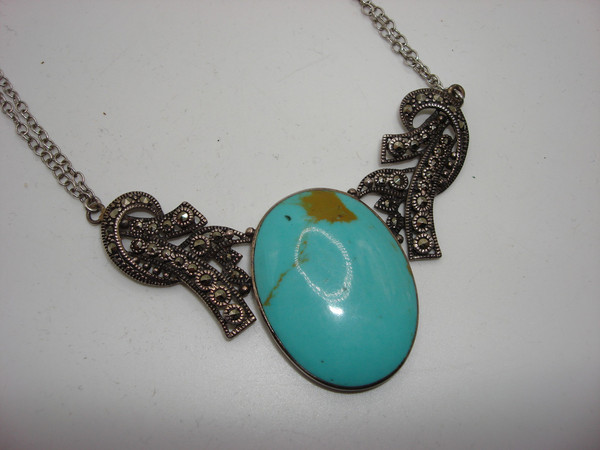 Vintage Sterling Silver Turquoise & Marcasite Necklace & Earrings Set (925)