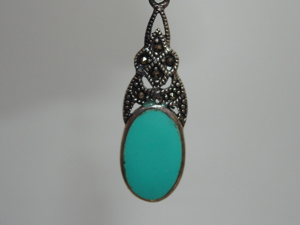 Vintage Sterling Silver Turquoise & Marcasite Necklace & Earrings Set (925)