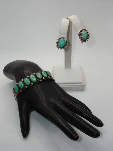 Vintage 1940s Navajo Sterling Silver & Turquoise Cuff Bracelet & Earrings Set