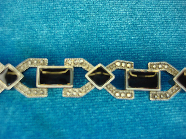 Vintage Silver Tone Bracelet with Faux Onyx - Bold Estate Style, 7.5 Inch