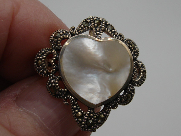 Vintage JoiElle Sterling Silver Marcasite & MOP Heart Pin/Pendant - 925, Excellent Condition