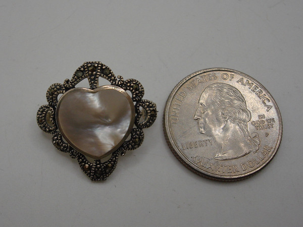 Vintage JoiElle Sterling Silver Marcasite & MOP Heart Pin/Pendant - 925, Excellent Condition