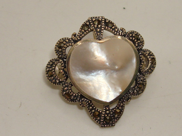 Vintage JoiElle Sterling Silver Marcasite & MOP Heart Pin/Pendant - 925, Excellent Condition