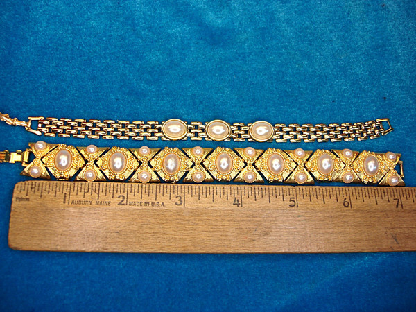 Vintage Gold Tone Bracelet Set with Faux Pearls - 7 Inch  (2 Pack)