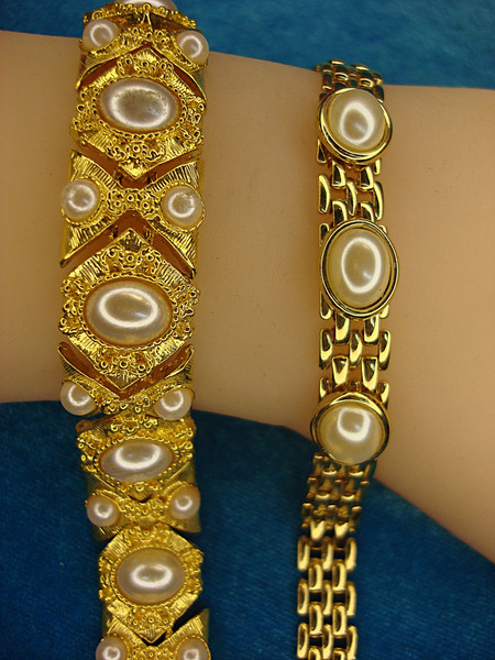 Vintage Gold Tone Bracelet Set with Faux Pearls - 7 Inch  (2 Pack)