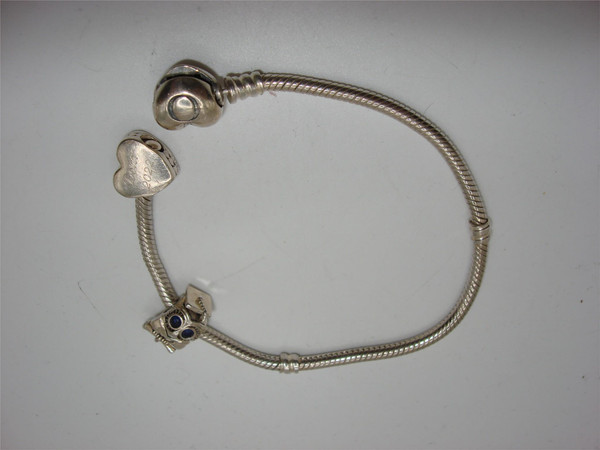 Vintage Pandora Sterling Silver Charm Bracelet w/Owl & Graduation Heart Charms (7