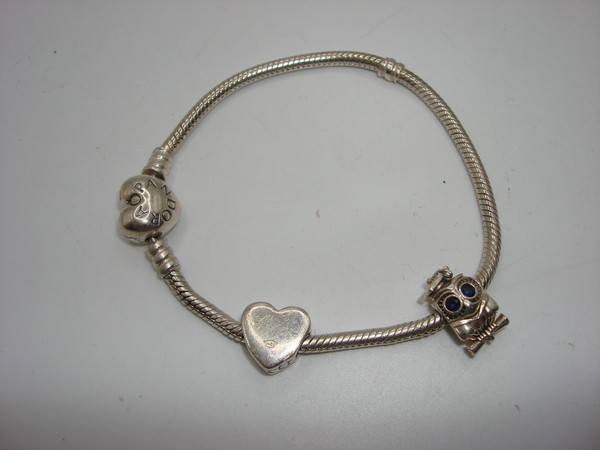 Vintage Pandora Sterling Silver Charm Bracelet w/Owl & Graduation Heart Charms (7