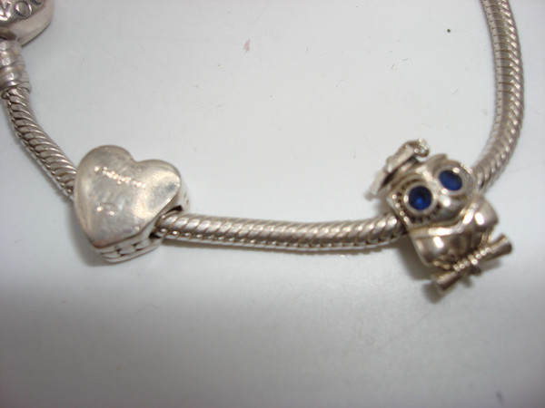 Vintage Pandora Sterling Silver Charm Bracelet w/Owl & Graduation Heart Charms (7