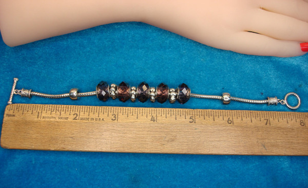 Vintage Silver Tone Snake Chain Bracelet with Purple Stones, Size 7 3/4