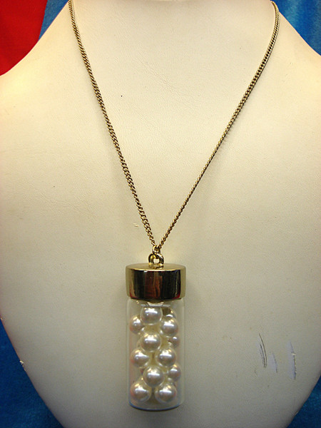 Vintage Bottle of Pearls Necklace - Unique Glass Pendant, Gold Chain