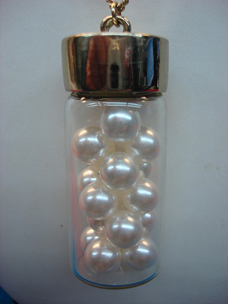 Vintage Bottle of Pearls Necklace - Unique Glass Pendant, Gold Chain