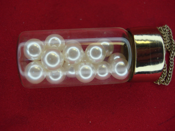 Vintage Bottle of Pearls Necklace - Unique Glass Pendant, Gold Chain