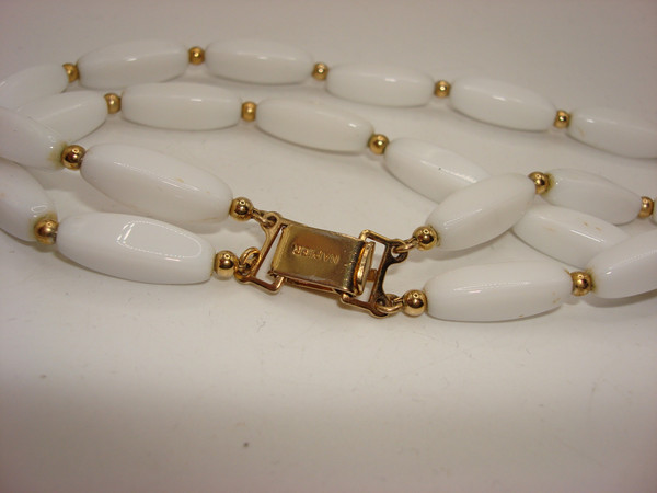Vintage Napier White Milk Glass Necklace & Earrings Set - Gold Tone, Mint Condition