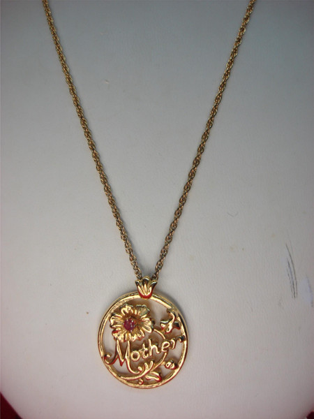 Avon Gold Tone Necklace with 'Mother' Red Stone Pendant & 18