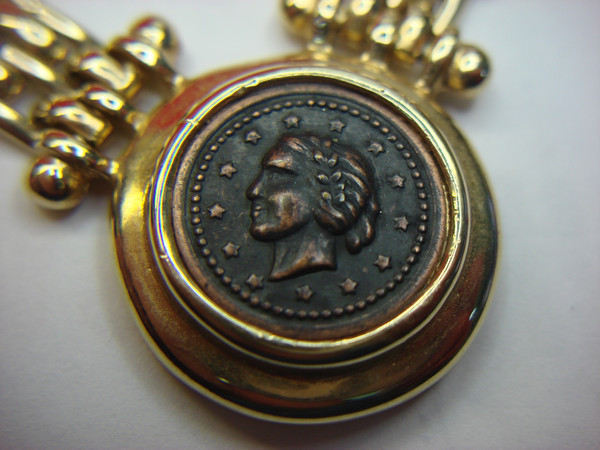 Gold Tone Choker Necklace with Roman Copper Coin Pendant - 16 Inch