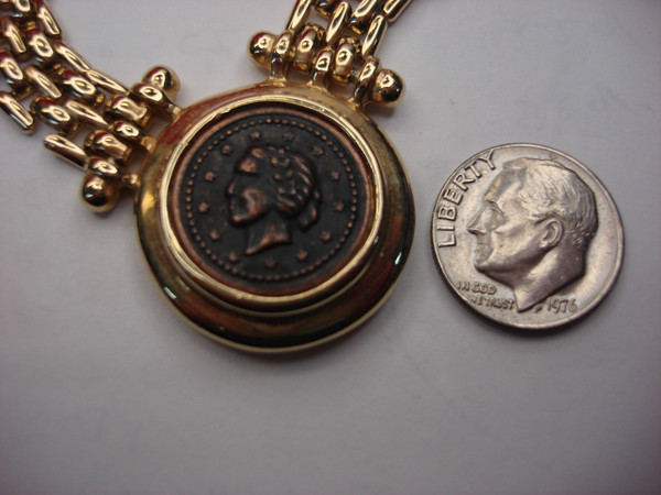 Gold Tone Choker Necklace with Roman Copper Coin Pendant - 16 Inch